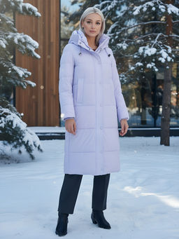 Пальто утепленное стеганное зимнее с капюшоном женское фиолетового цвета 9601F - Holdluck фото 27