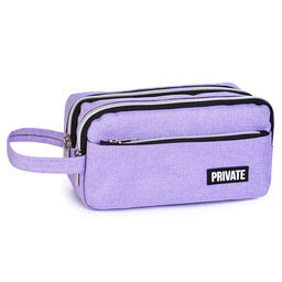 Пенал "Private" 22,5x11x9 см, прямоугольный для 80 предметов, плотный износостойкий полиэстер с водоотталкивающей пропиткой, с 2-мя отделениями на молнии, наружный объемный карман на молнии, с аппликацией из каучука, с ручкой-петлей, сиреневый
