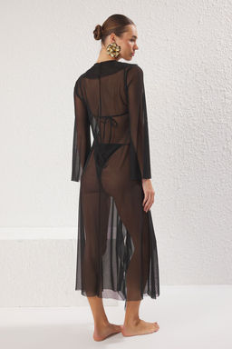 Trendyolmilla Siyah Maxi F?rf?rl? Dokuma Yaka Detayl? Plaj Elbisesi TBESS25EL00028  фото 4