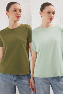 TRENDYOLMILLA Haki-Mint 2Li Paket Bisiklet Yaka %100 Pamuk Regular/Normal Kal?p Orme T-Shirt TWOSS25TS00182