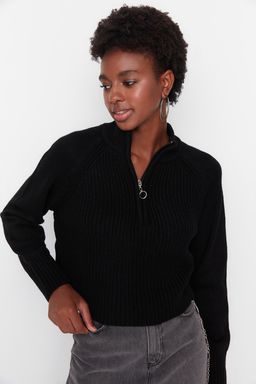 Siyah Crop Fermuarl? Dik Yaka Basic Triko Kazak TWOAW22KZ1632