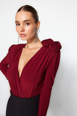 Bordo Kruvaze Yaka Gul Aksesuar Detayl? Y?lbas? Body TPRAW24BD00012