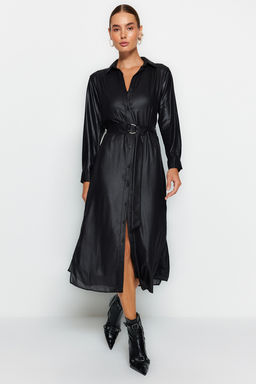Trendyolmilla Siyah Kemerli Maxi Dokuma K?sl?k Gomlek Elbise TWOAW24EL00325  фото 3