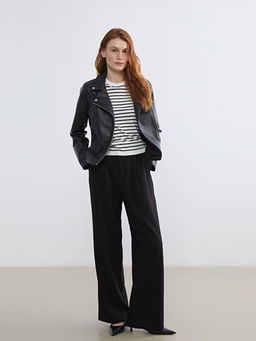 Biker Yaka Kad?n Deri G?r?n?ml? Ceket