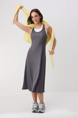 Wardrobe Essentials-Antrasit Renk Bloklu Bodycon Havuz Yaka Maxi Orme Elbise TWOSS26EL00157 - Trendyolmilla фото 3