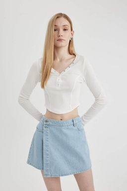 Coool Fitted V Yaka Crop Fitilli Kaskorse Uzun Kollu Tisort - Defacto фото 2