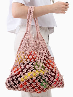 Сумка пляжная, плетёная, клетка 3.5 см, персиковая