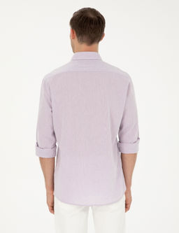 Рубашка приталенного кроя из смесового льна сиреневого цвета с длинным рукавом - Cacharel фото 5