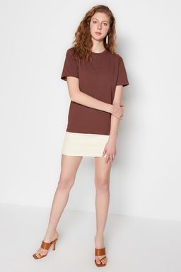 Kahverengi %100 Pamuk Bisiklet Yaka Oversize/Genis Kal?p Orme T-Shirt TWOSS20TS0134