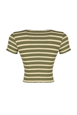 Trendyolmilla Haki Cizgili Baby Overlok Detayl? Fitted/Vucuda Oturan Crop Fitilli Orme Bluz TWOSS23BZ00506  фото 16