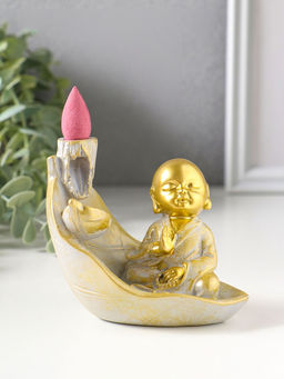 Подставка для благовоний "Маленький хотей на листе" стелющийся дым беж с патиной 10х7,5х9 см   10964