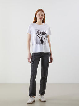 Bisiklet Yaka Bask?l? Penye Kad?n Ti??rt