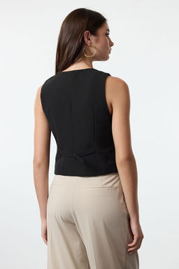 Siyah Fitted Crop Dokuma Yelek TWOAW25YE00055