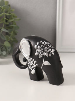 Фигурка «Чёрный слон с ушками хобот завиток», полистоун, серебряный цветок, 12×5×9 см