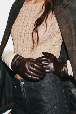 COMBINED LEATHER GLOVES WITH FLORAL EMBROIDERY
