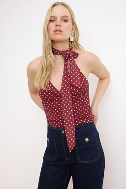 Bordo Puantiyeli Fitted/Vucuda Oturan Boyundan Baglamal? Fularl? Tul Orme Bluz TWOSS26BZ00488