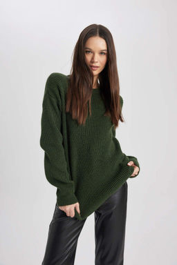 Трикотажный свитер обычного кроя с круглым вырезом - Defacto фото 3