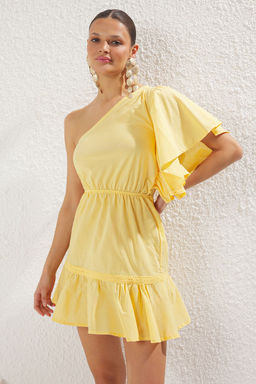 Sar? Dokuma Volanl? %100 Pamuk Tek Omuz Plaj Mini Elbise TBESS25EL00073 - Trendyolmilla фото 2