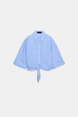CAMISA NUDO CON LINO / Azul / Blanco - Zara фото 7