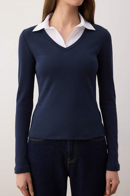 Lacivert Dokuma Detayl? Gomlek Yaka Regular/Normal Kal?p Orme Bluz TWOAW25BZ00035