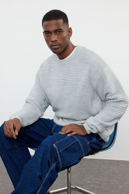 Gri Unisex Oversize Bisiklet Yaka Duz Triko Kazak TMNAW25KZ00004