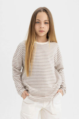 Полосатая футболка с длинными рукавами и круглым вырезом для девочек - Defacto фото 3