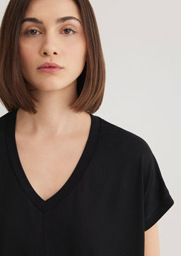 V Yaka Siyah Basic Viskoz Tisort - Mavi фото 5