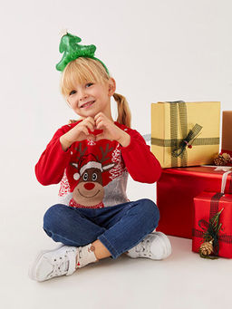 Bisiklet Yaka Uzun Kollu Y?lba?? Temal? K?z Bebek Triko Kazak