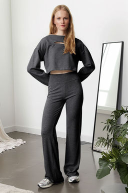 Antrasit Wide Leg/Ispanyol Paca Yuksek Bel Interlok Esnek Orme Pantolon TWOAW25PL00006