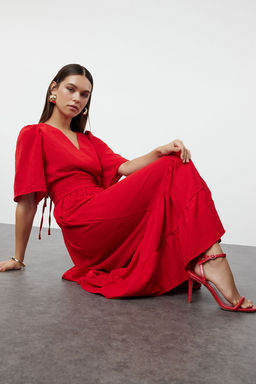 TRENDYOLMILLA Indigo Kusakl? A-Kesim Kruvaze Yaka S?rt Detayl? Midi Dokuma Elbise TWOSS23EL02164  фото 17