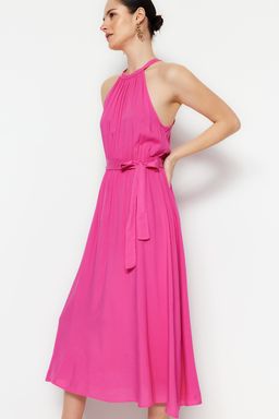 TRENDYOLMILLA Ac?k Kahverengi Kusakl? Duz Beli lastikli Kusakl? Midi Dokuma Elbise TWOSS19EL0155  фото 28