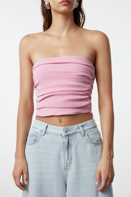 Premium Pembe Straplez Buzgulu Esnek Orme Bluz TWOSS24BZ00216