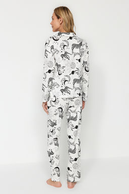 Trendyolmilla Ekru %100 Pamuklu Ay?c?kl? Gomlek-Pantolon Orme Pijama Tak?m? THMAW24PT00002  фото 30