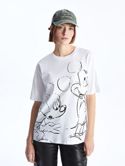 Bisiklet Yaka Mickey Mouse Bask?l? K?sa Kollu Oversize Kad?n Ti??rt