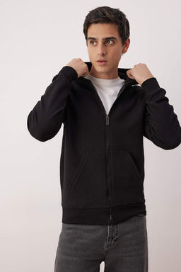 Siyah Regular/Normal Kesim Fermuarl? Kapusonlu Dokulu Sweatshirt TMNAW26SW00067