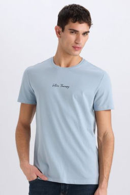 Slim Fit Dar Kesim Bisiklet Yaka Bask?l? K?sa Kollu Tisort