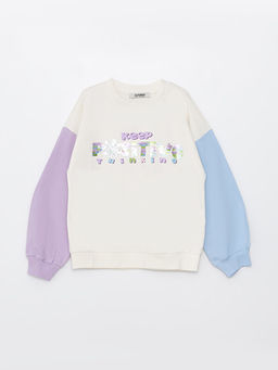 Bisiklet Yaka Bask?l? Uzun Kollu K?z ?ocuk Sweatshirt
