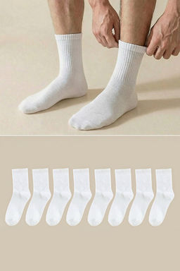 Beyaz Unisex 8li Pamuklu Kolej-Tenis-Orta Boy Erkek _orap TMNAW25CO00026