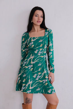 Платье с вырезом каре зелёное с принтом - Martichelli фото 10