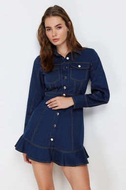 Lacivert Dugme Detayl? Mini Dokuma Gomlek Elbise TWOAW23EL01424