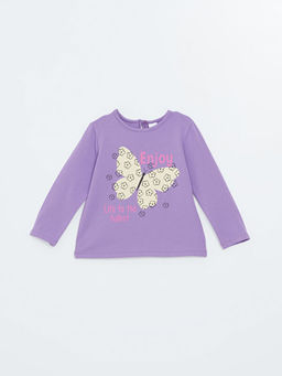 Bisiklet Yaka Uzun Kollu Bask?l? K?z Bebek Ti??rt