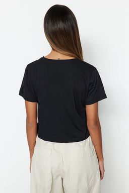 Siyah %100 Pamuk Slogan Bask?l? Crop Bisiklet Yaka Orme T-Shirt TWOSS23TS00125