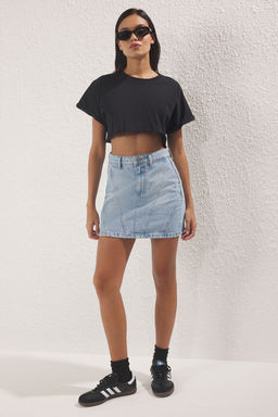 TRENDYOLMILLA Koyu Mavi More Sustainable Soluk Efekt Vintage Yuksek Bel Mini Denim Etek TWOSS24ET00082 фото 2