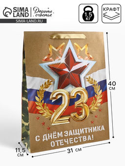 Цена за 2 шт. Пакет подарочный крафтовый 23 февраля, L 31?11.5?40 см