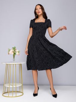 Платье черное в горошек длины миди с короткими рукавами - 1001dress фото 4