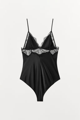 SATIN BODYSUIT WITH LACE TRIM