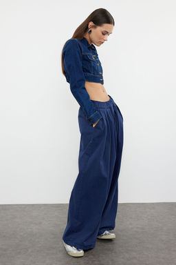 Lacivert Pileli Yuksek Bel Wide Leg Jeans TWOAW25JE00023