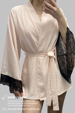 0462-NB ПЕРСИКОВЫЙ ХАЛАТ С ЧЕРНЫМ КРУЖЕВОМ