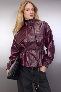 Bordo Regular Kal?p Belden Buzgulu Parlak Ince Ceket Mont TWOAW26MO00079 - Trendyolmilla фото 5