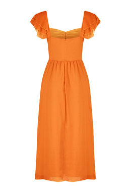 Turuncu Belden Ac?lan Sifon Astarl? Midi Dokuma Elbise TWOSS24EL00541